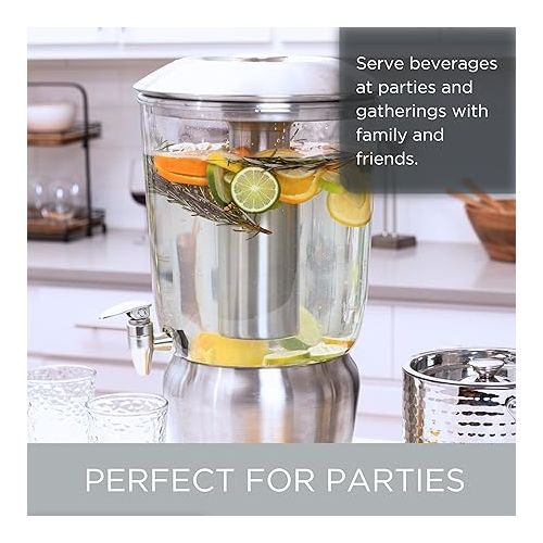  BIRDROCK HOME 3 Gallon Stainless Steel Beverage Dispenser with Ice Container, Spigot - Round - Lemonade Sangria Tea Water Drink Jar Jug - Home Parties - BPA Free Clear Acrylic