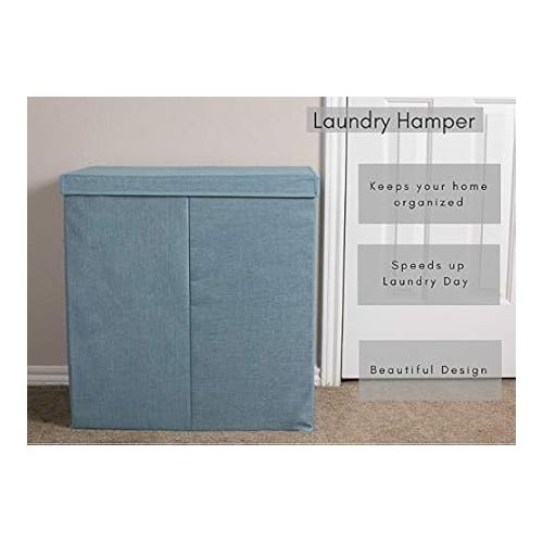  Double Laundry Hamper with Lid | Removable mesh bags | Dual Compartment Clothes Hamper | Light Blue