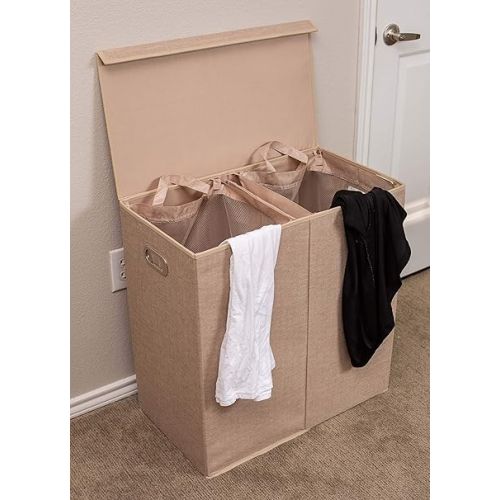  Double Laundry Hamper with Lid | Removable mesh bags | Dual Compartment Clothes Hamper | Cream