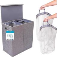 Double Laundry Hamper with Lid | Removable mesh bags | Dual Compartment Clothes Hamper | Grey