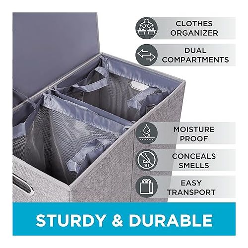  Double Laundry Hamper with Lid | Removable mesh bags | Dual Compartment Clothes Hamper | Grey