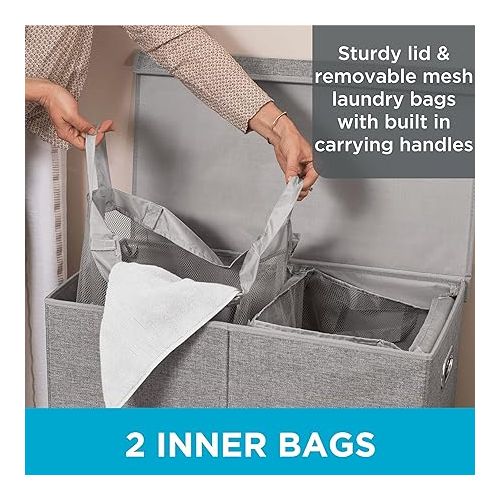  Double Laundry Hamper with Lid | Removable mesh bags | Dual Compartment Clothes Hamper | Grey