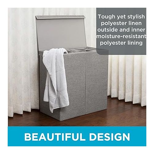  Double Laundry Hamper with Lid | Removable mesh bags | Dual Compartment Clothes Hamper | Grey