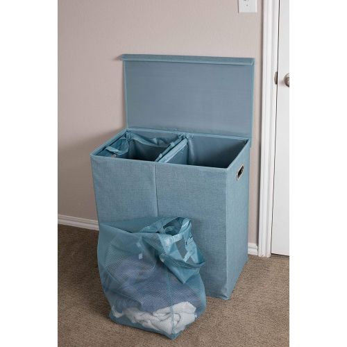  BirdRock Home Double Laundry Hamper with Lid and Removable Liners - Light Blue - Linen - Easily Transport Laundry - Foldable Hamper - Cut Out Handles
