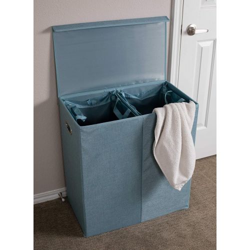  BirdRock Home Double Laundry Hamper with Lid and Removable Liners - Light Blue - Linen - Easily Transport Laundry - Foldable Hamper - Cut Out Handles