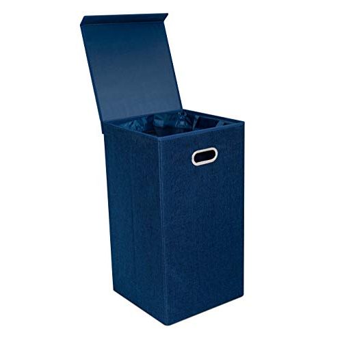  BirdRock Home Single Laundry Hamper with Lid and Removable Liner - Navy - Linen - Easily Transport Laundry - Foldable Hamper - Cut Out Handles