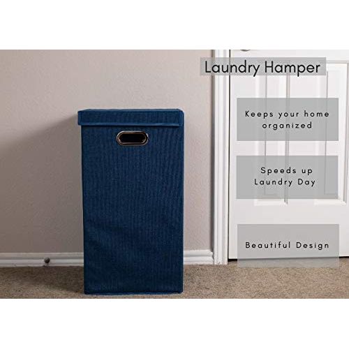  BirdRock Home Single Laundry Hamper with Lid and Removable Liner - Navy - Linen - Easily Transport Laundry - Foldable Hamper - Cut Out Handles