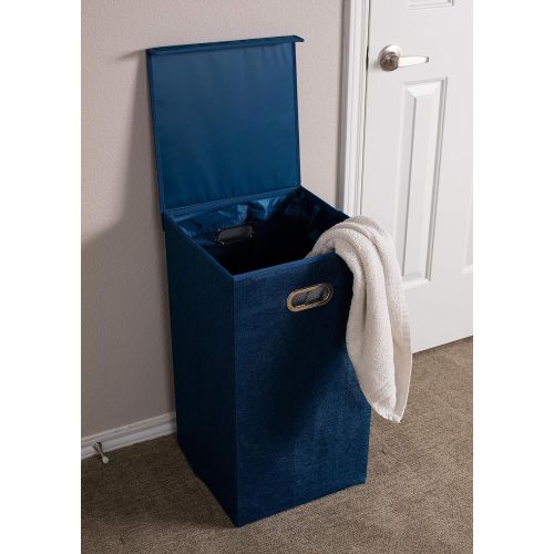  BirdRock Home Single Laundry Hamper with Lid and Removable Liner - Navy - Linen - Easily Transport Laundry - Foldable Hamper - Cut Out Handles