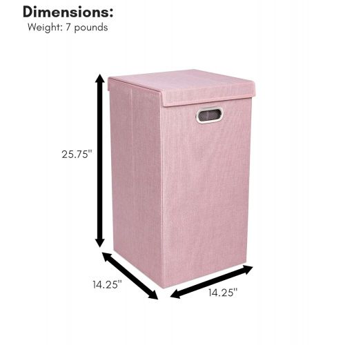  BirdRock Home Single Laundry Hamper with Lid and Removable Liner - Pink - Linen - Easily Transport Laundry - Foldable Hamper - Cut Out Handles