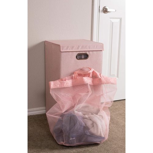 BirdRock Home Single Laundry Hamper with Lid and Removable Liner - Pink - Linen - Easily Transport Laundry - Foldable Hamper - Cut Out Handles
