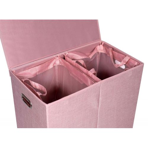  BirdRock Home Double Laundry Hamper with Lid and Removable Liners - Pink - Linen - Easily Transport Laundry - Foldable Hamper - Cut Out Handles