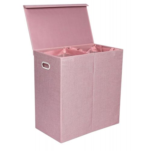  BirdRock Home Double Laundry Hamper with Lid and Removable Liners - Pink - Linen - Easily Transport Laundry - Foldable Hamper - Cut Out Handles