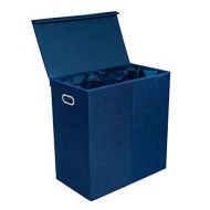 BirdRock Home Double Laundry Hamper with Lid and Removable Liners - Navy - Linen - Easily Transport Laundry - Foldable Hamper - Cut Out Handles