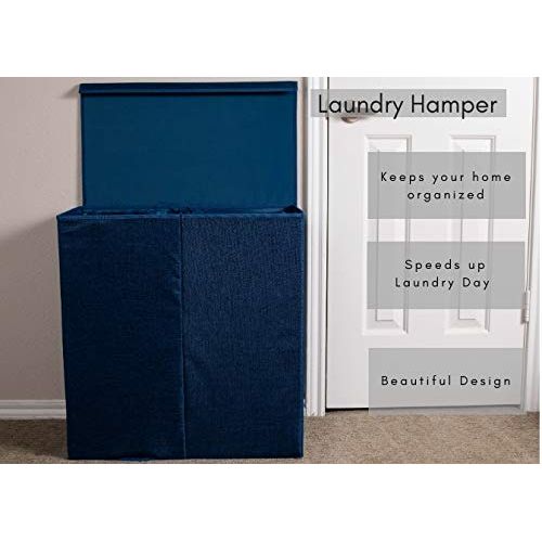  BirdRock Home Double Laundry Hamper with Lid and Removable Liners - Navy - Linen - Easily Transport Laundry - Foldable Hamper - Cut Out Handles