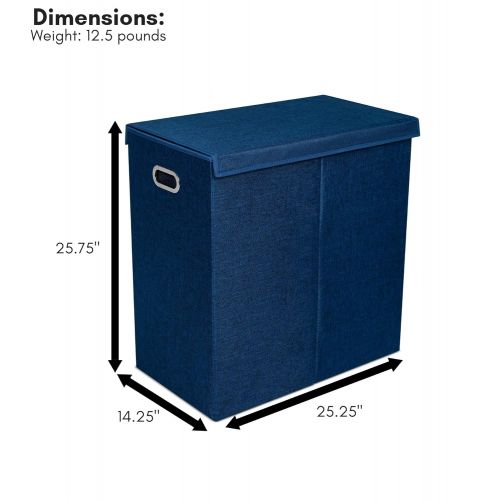  BirdRock Home Double Laundry Hamper with Lid and Removable Liners - Navy - Linen - Easily Transport Laundry - Foldable Hamper - Cut Out Handles