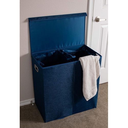  BirdRock Home Double Laundry Hamper with Lid and Removable Liners - Navy - Linen - Easily Transport Laundry - Foldable Hamper - Cut Out Handles