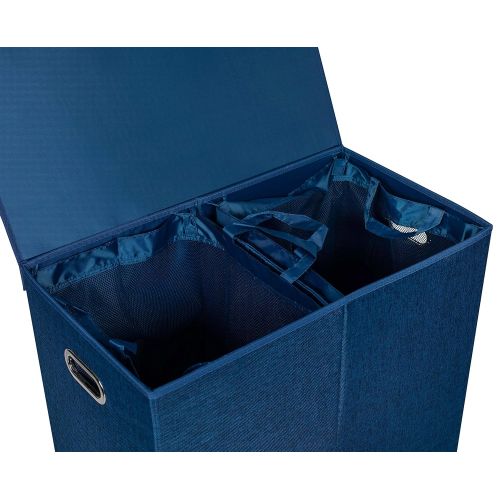  BirdRock Home Double Laundry Hamper with Lid and Removable Liners - Navy - Linen - Easily Transport Laundry - Foldable Hamper - Cut Out Handles