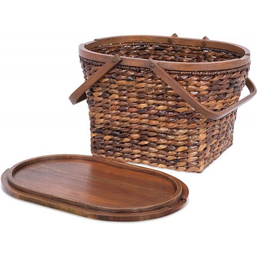  BIRDROCK HOME Seagrass and Abaca Picnic Basket with Wood Lid - Hand Woven - Espresso - Decorative Latch - Wooden Top - Home Decor - Folding Handles