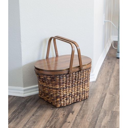  BIRDROCK HOME Seagrass and Abaca Picnic Basket with Wood Lid - Hand Woven - Espresso - Decorative Latch - Wooden Top - Home Decor - Folding Handles