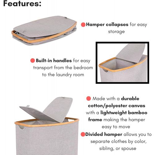  BIRDROCK HOME Divided Bamboo & Canvas Hamper - Double Laundry Basket with Lid - Modern 2 Section Foldable Hamper - Cut Out Handles - Grey Narrow Design - Great for Kids Adults