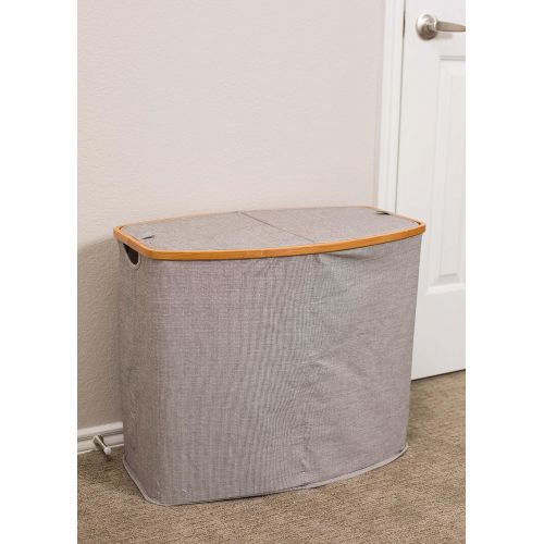  BIRDROCK HOME Divided Bamboo & Canvas Hamper - Double Laundry Basket with Lid - Modern 2 Section Foldable Hamper - Cut Out Handles - Grey Narrow Design - Great for Kids Adults