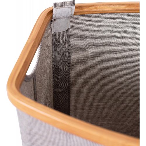  BIRDROCK HOME Divided Bamboo & Canvas Hamper - Double Laundry Basket with Lid - Modern 2 Section Foldable Hamper - Cut Out Handles - Grey Narrow Design - Great for Kids Adults