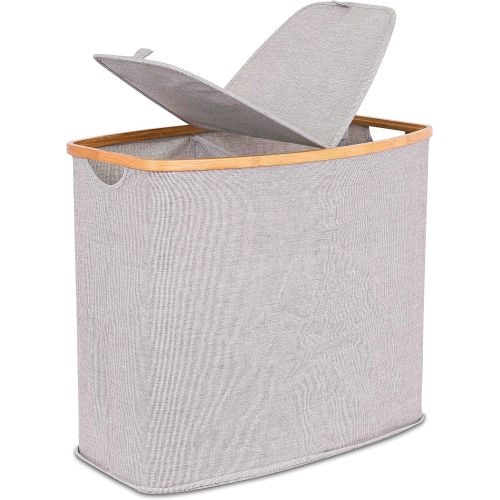  BIRDROCK HOME Divided Bamboo & Canvas Hamper - Double Laundry Basket with Lid - Modern 2 Section Foldable Hamper - Cut Out Handles - Grey Narrow Design - Great for Kids Adults