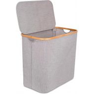 BIRDROCK HOME Bamboo & Canvas Hamper - Single Laundry Basket with Lid - Modern Foldable Hamper - Cut Out Handles - Grey Narrow Design - Great for Kids Adults