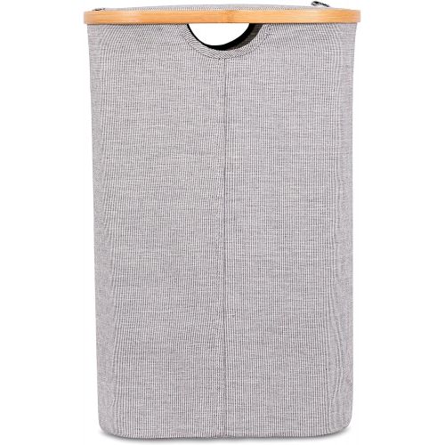  BIRDROCK HOME Bamboo & Canvas Hamper - Single Laundry Basket with Lid - Modern Foldable Hamper - Cut Out Handles - Grey Narrow Design - Great for Kids Adults