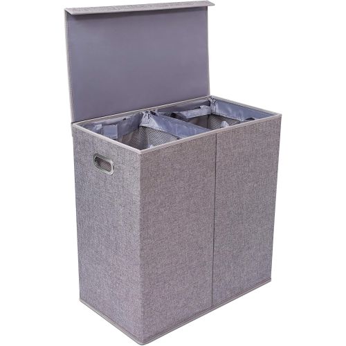  BirdRock Home Premium Double Laundry Hamper with Lid and Removable Liners - Linen Hampers - Grey Foldable Bin - Easily Transport Clothes - Cut Out Handles  Clothes Basket