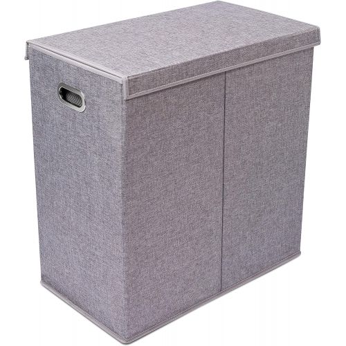  BirdRock Home Premium Double Laundry Hamper with Lid and Removable Liners - Linen Hampers - Grey Foldable Bin - Easily Transport Clothes - Cut Out Handles  Clothes Basket