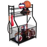 BIRDROCK HOME Sports Equipment Ball Storage Rack for Garage - Baseball, Tennis, Football, Gym and Basketball Gear Organizer - Rack - Wide Bin Basket - 4 Hooks - Tools Garden Shovel