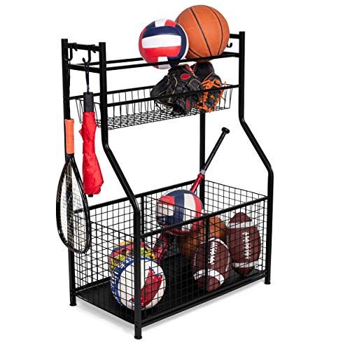  BIRDROCK HOME Sports Equipment Ball Storage Rack for Garage - Baseball, Tennis, Football, Gym and Basketball Gear Organizer - Rack - Wide Bin Basket - 4 Hooks - Tools Garden Shovel