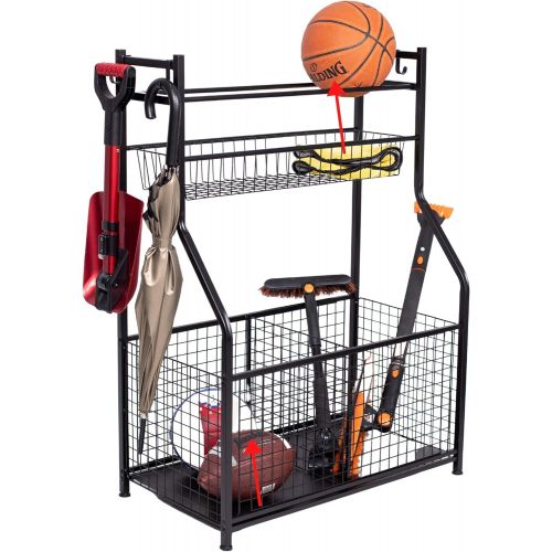  BIRDROCK HOME Sports Equipment Ball Storage Rack for Garage - Baseball, Tennis, Football, Gym and Basketball Gear Organizer - Rack - Wide Bin Basket - 4 Hooks - Tools Garden Shovel