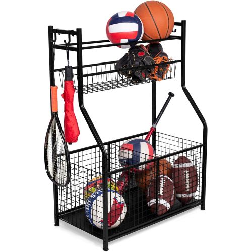  BIRDROCK HOME Sports Equipment Ball Storage Rack for Garage - Baseball, Tennis, Football, Gym and Basketball Gear Organizer - Rack - Wide Bin Basket - 4 Hooks - Tools Garden Shovel