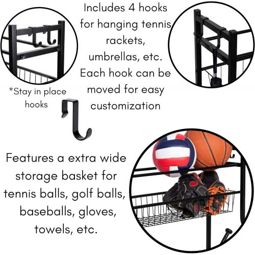  BIRDROCK HOME Sports Equipment Ball Storage Rack for Garage - Baseball, Tennis, Football, Gym and Basketball Gear Organizer - Rack - Wide Bin Basket - 4 Hooks - Tools Garden Shovel