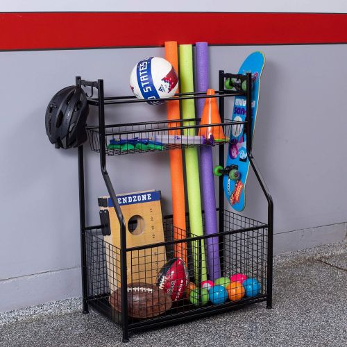  BIRDROCK HOME Sports Equipment Ball Storage Rack for Garage - Baseball, Tennis, Football, Gym and Basketball Gear Organizer - Rack - Wide Bin Basket - 4 Hooks - Tools Garden Shovel