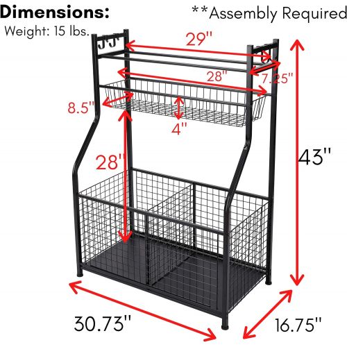  BIRDROCK HOME Sports Equipment Ball Storage Rack for Garage - Baseball, Tennis, Football, Gym and Basketball Gear Organizer - Rack - Wide Bin Basket - 4 Hooks - Tools Garden Shovel