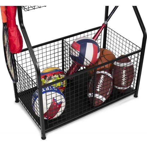  BIRDROCK HOME Sports Equipment Ball Storage Rack for Garage - Baseball, Tennis, Football, Gym and Basketball Gear Organizer - Rack - Wide Bin Basket - 4 Hooks - Tools Garden Shovel