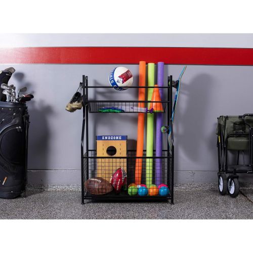  BIRDROCK HOME Sports Equipment Ball Storage Rack for Garage - Baseball, Tennis, Football, Gym and Basketball Gear Organizer - Rack - Wide Bin Basket - 4 Hooks - Tools Garden Shovel