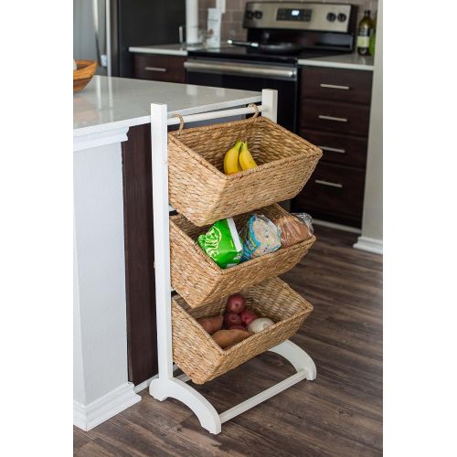  BIRDROCK HOME 3 Tier Abaca Storage Cubby (Natural) | 3 Baskets Made of Durable Seagrass Fiber | Solid Wood Frame | Child Pet Dog Toy Food Storage Organizer Shelf | Kitchen Vertical