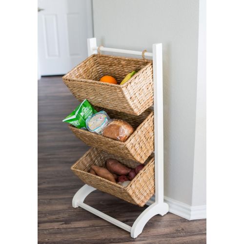  BIRDROCK HOME 3 Tier Abaca Storage Cubby (Natural) | 3 Baskets Made of Durable Seagrass Fiber | Solid Wood Frame | Child Pet Dog Toy Food Storage Organizer Shelf | Kitchen Vertical