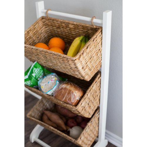  BIRDROCK HOME 3 Tier Abaca Storage Cubby (Natural) | 3 Baskets Made of Durable Seagrass Fiber | Solid Wood Frame | Child Pet Dog Toy Food Storage Organizer Shelf | Kitchen Vertical