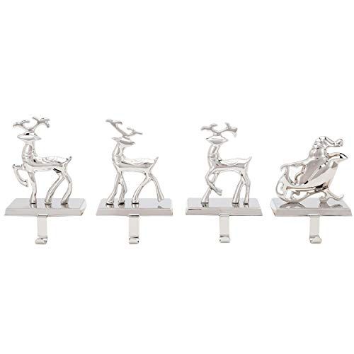  BIRDROCK HOME Reindeer & Santa Claus Stocking Holder Set for Mantle - Set of 4 - Christmas Decorations - Holiday Mantle Fireplace Topper - Decorative Metal Hanger for Stockings - H