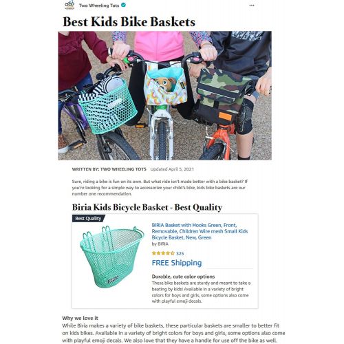  Biria Basket with Hooks Green, Front, Removable, Children Wire mesh Small Kids Bicycle Basket, New, Green