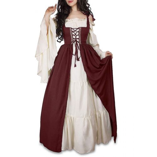  BITSEACOCO Mythic Renaissance Medieval Dress Irish Costume Over Dress & Cream Chemise Set Halloween Cosplay