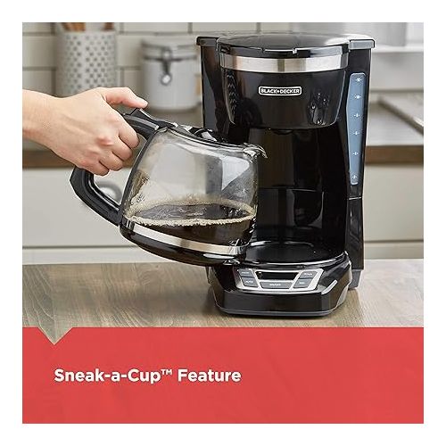  BLACK+DECKER 12-Cup Digital Coffee Maker, CM1160B, Programmable, Washable Basket Filter, Sneak-A-Cup, Auto Brew, Water Window, Keep Hot Plate, Black