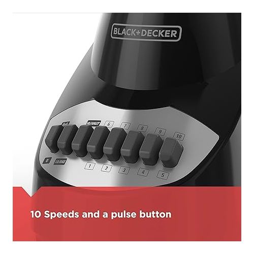  BLACK+DECKER 10-Speed Countertop Blender, BL2010BG, 6-Cup Glass Jar, Dishwasher-Safe, Stainless Steel Blade, Suction Feet