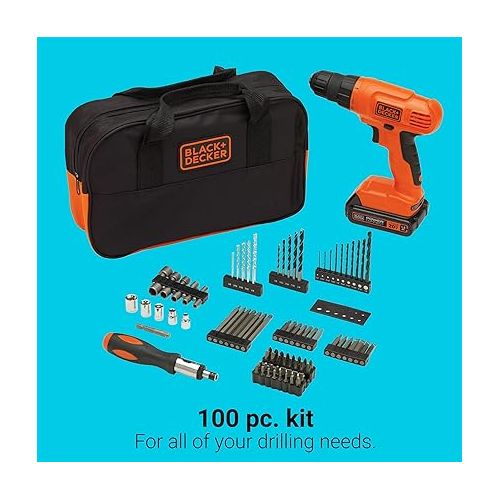  BLACK+DECKER 20V MAX* POWERCONNECT Cordless Drill Kit + 100 pc. Kit (BDC120VA100), Orange