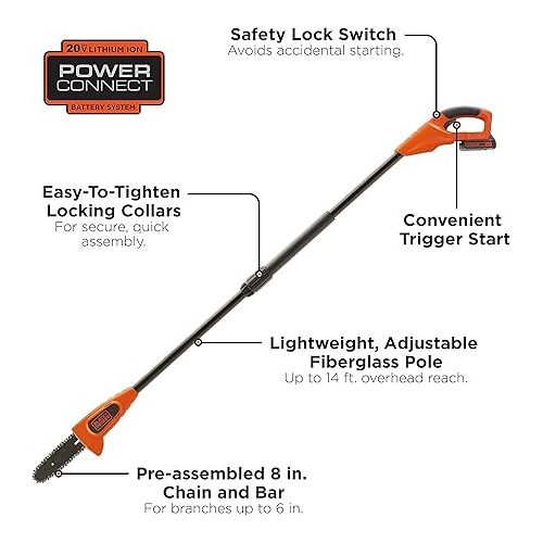  BLACK+DECKER 20V Max Pole Saw for Tree Trimming, Cordless, with Extension up to 14 ft., Bare Tool Only (LPP120B)